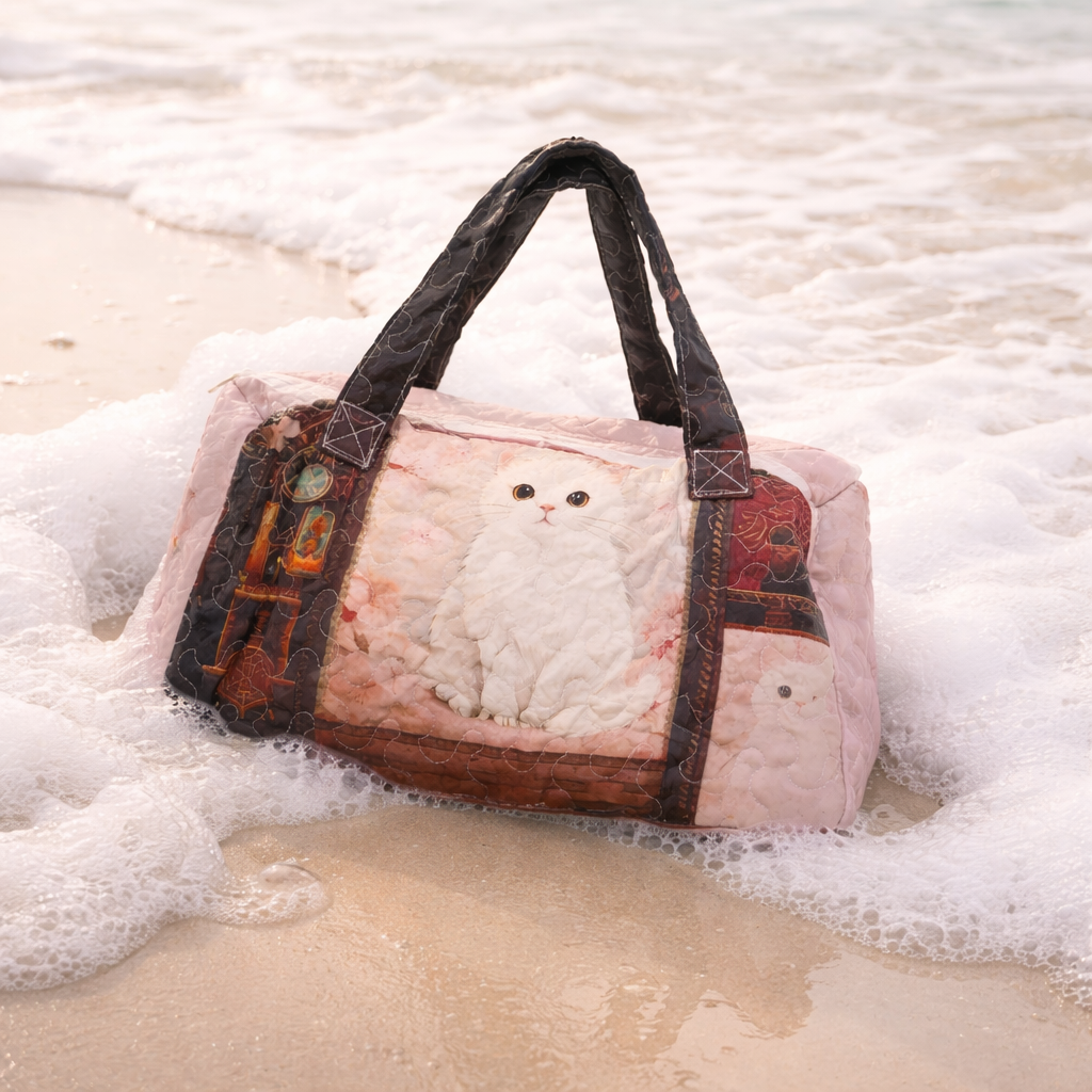 Cozy Quilted Travel Tote Bag – Floral Cat Tote, Cute Carryall Purse, Soft Aesthetic Weekend Bag