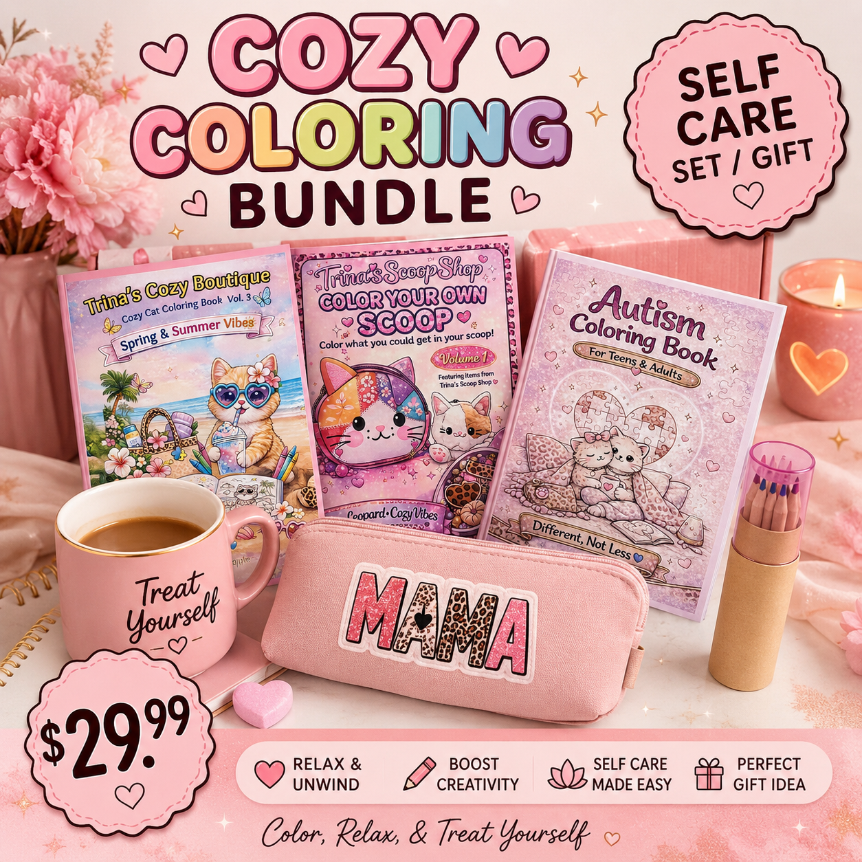 Cozy Coloring Bundle 🖍️💕 | Cat & Leopard Self-Care Gift Set
