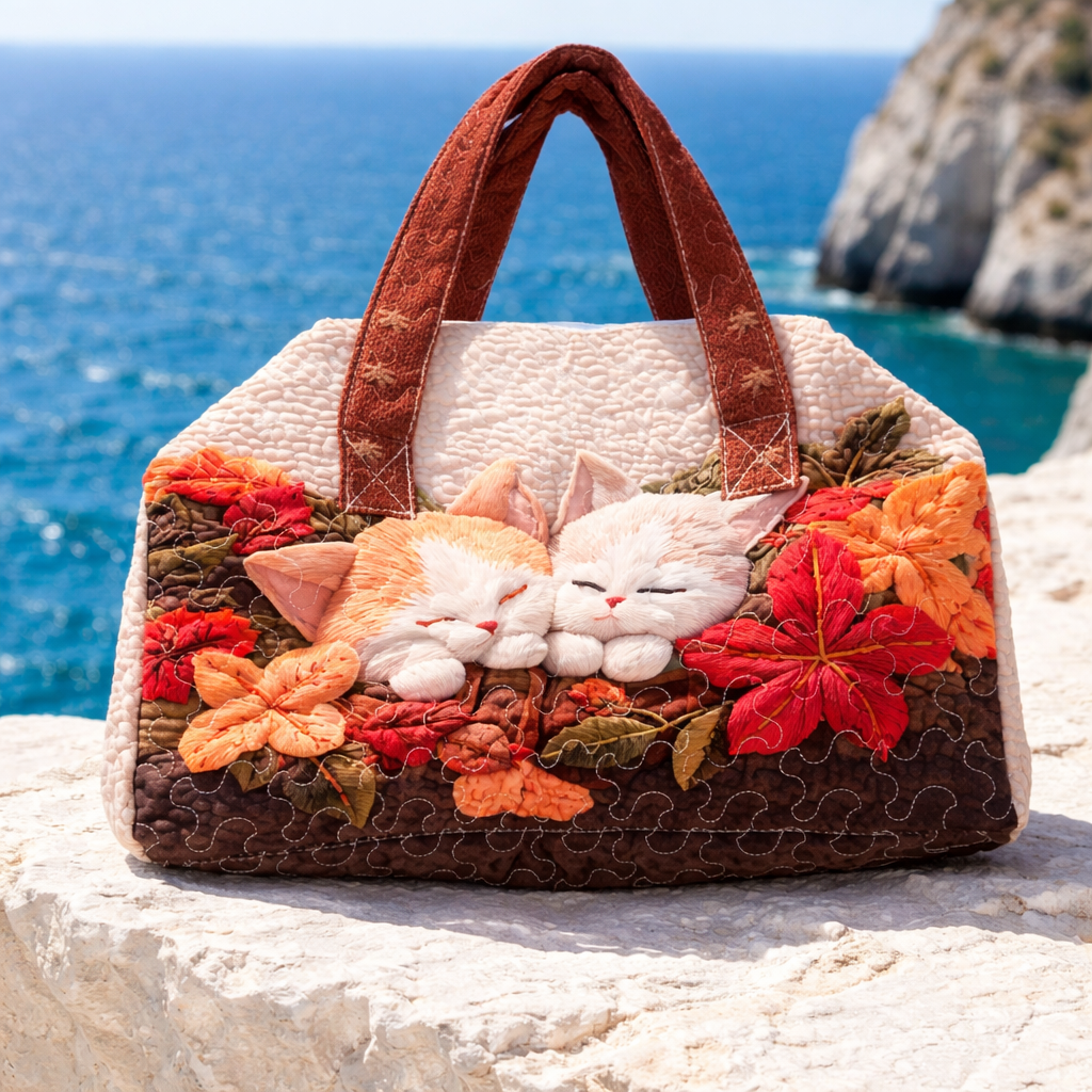 Cozy Quilted Travel Tote Bag – Floral Cat Tote, Cute Carryall Purse, Soft Aesthetic Weekend Bag