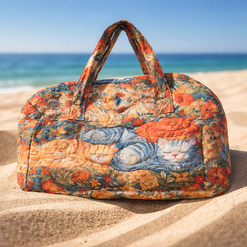 Cozy Quilted Travel Tote Bag – Floral Cat Tote, Cute Carryall Purse, Soft Aesthetic Weekend Bag