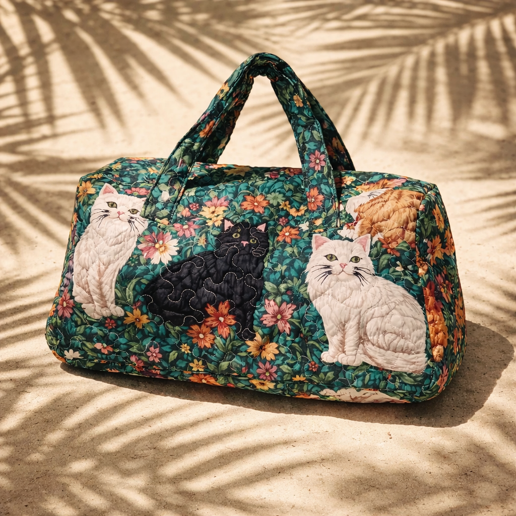 Cozy Quilted Travel Tote Bag – Floral Cat Tote, Cute Carryall Purse, Soft Aesthetic Weekend Bag