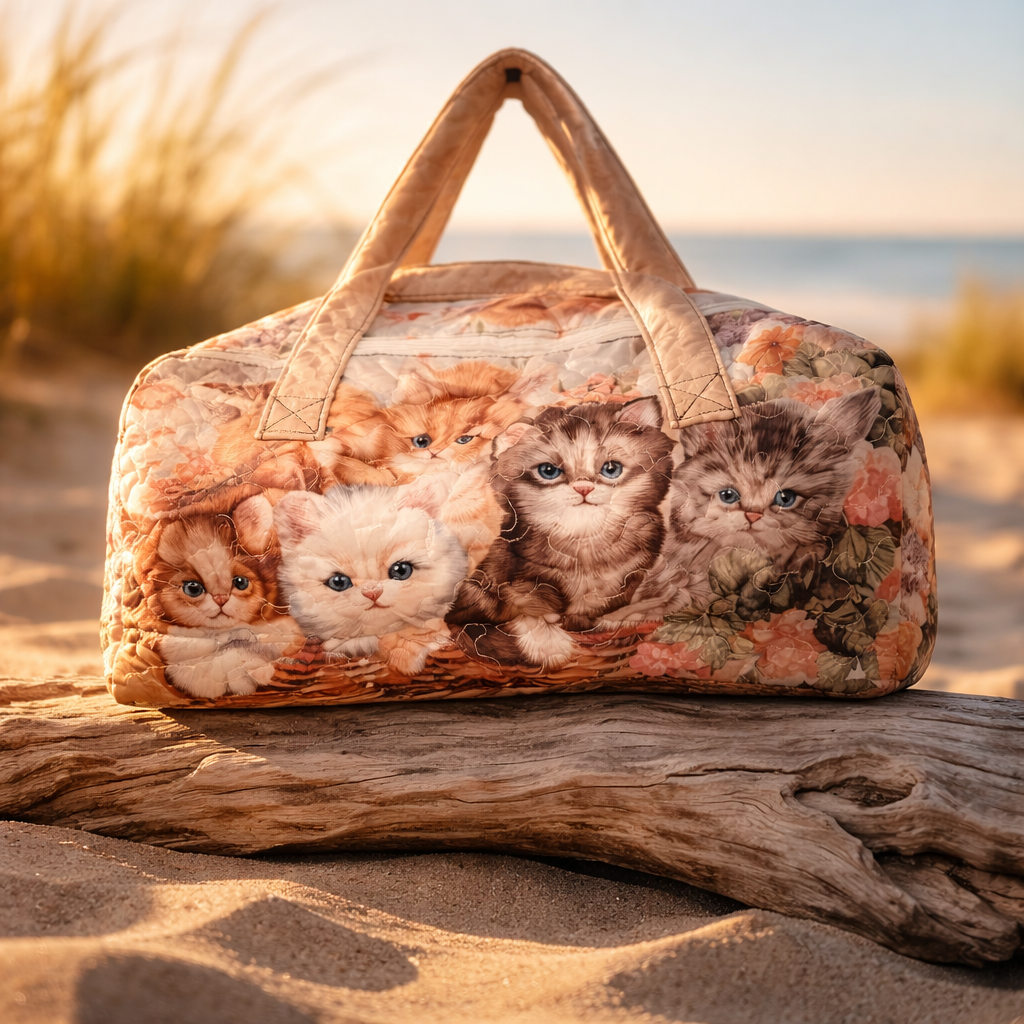 Cozy Quilted Travel Tote Bag – Floral Cat Tote, Cute Carryall Purse, Soft Aesthetic Weekend Bag
